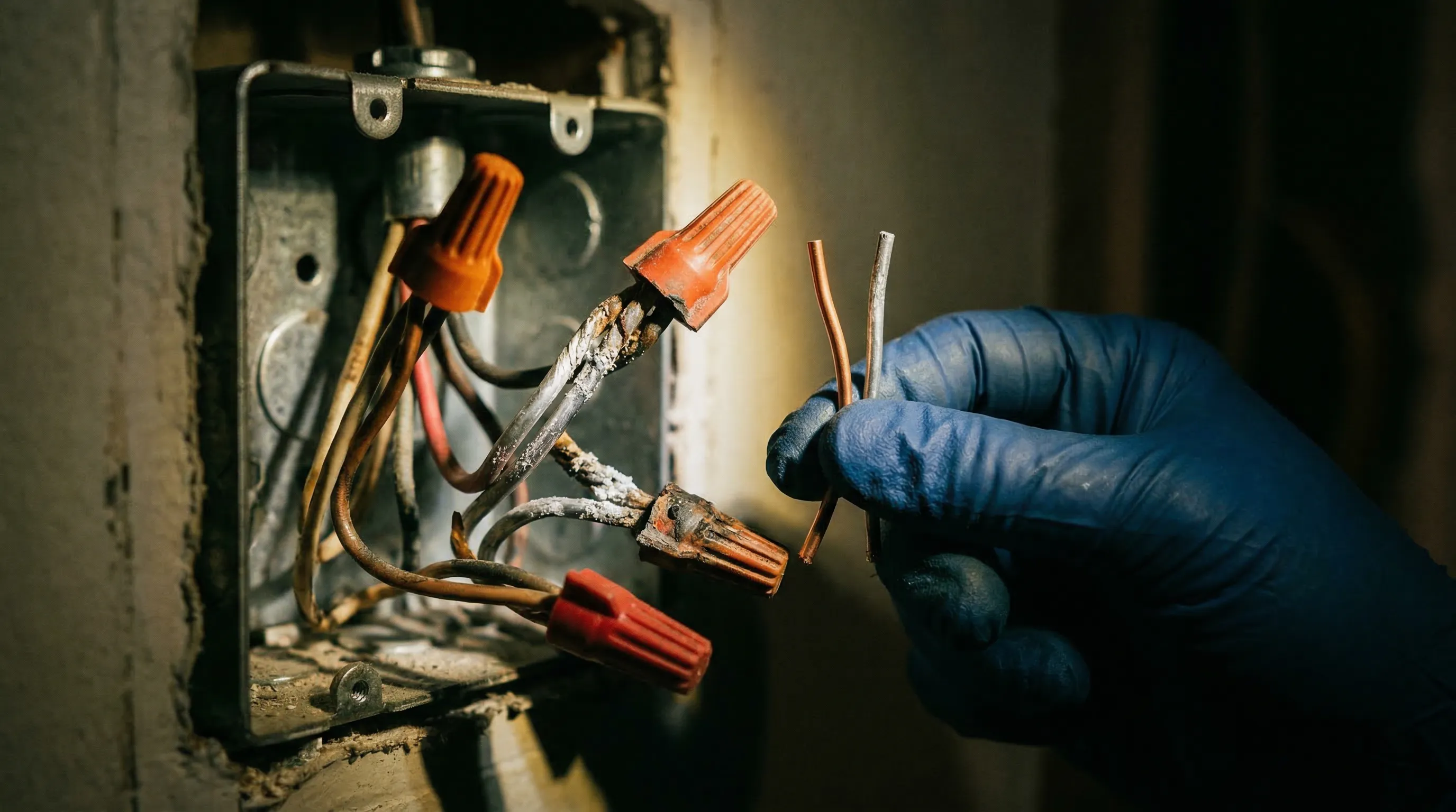 Aluminum wiring connections showing oxidation at junction points
