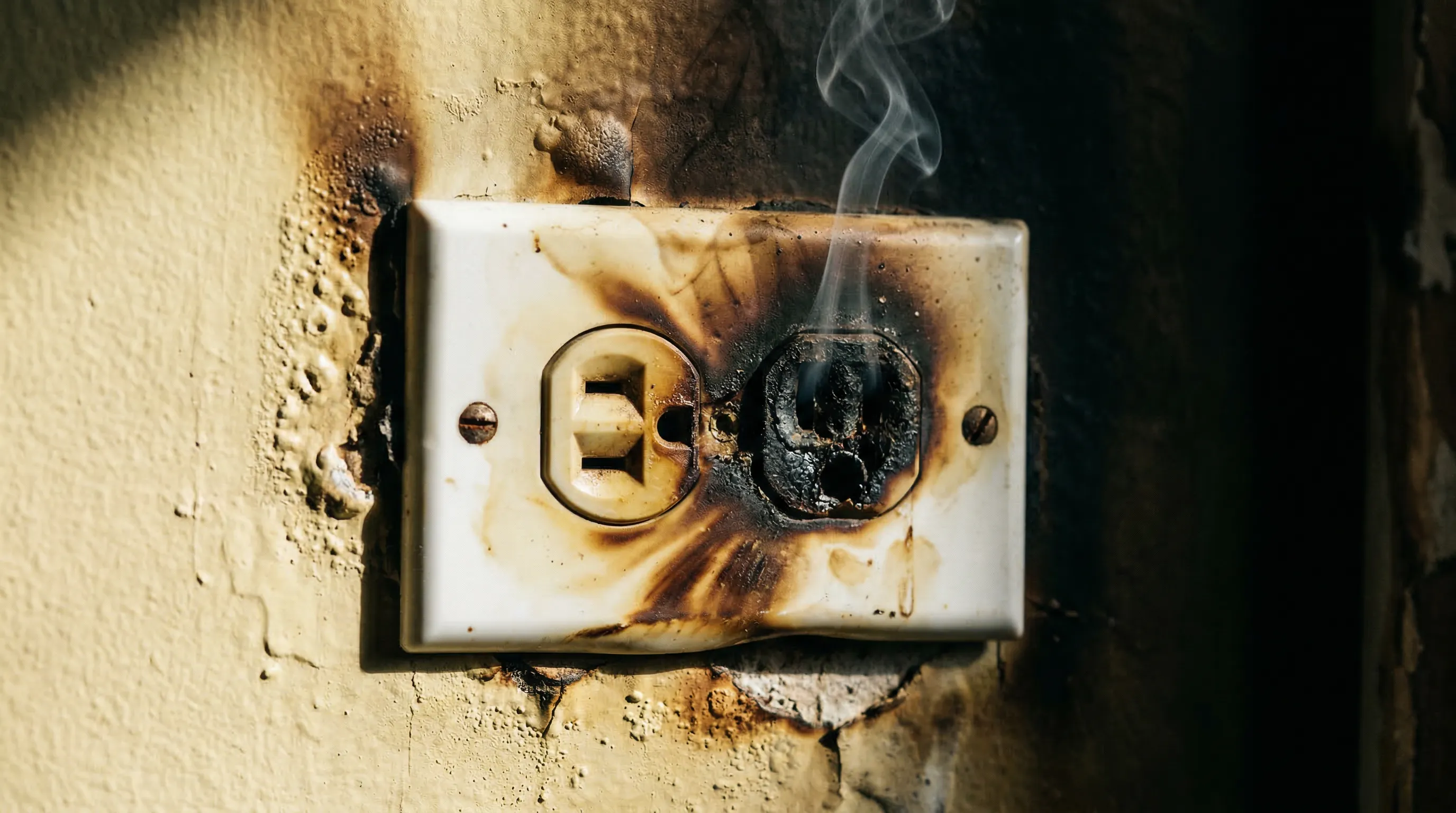 Discolored electrical outlet showing signs of overheating and burning smell