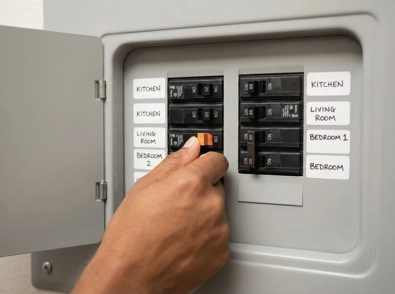 Hand resetting a tripped circuit breaker in a residential electrical panel