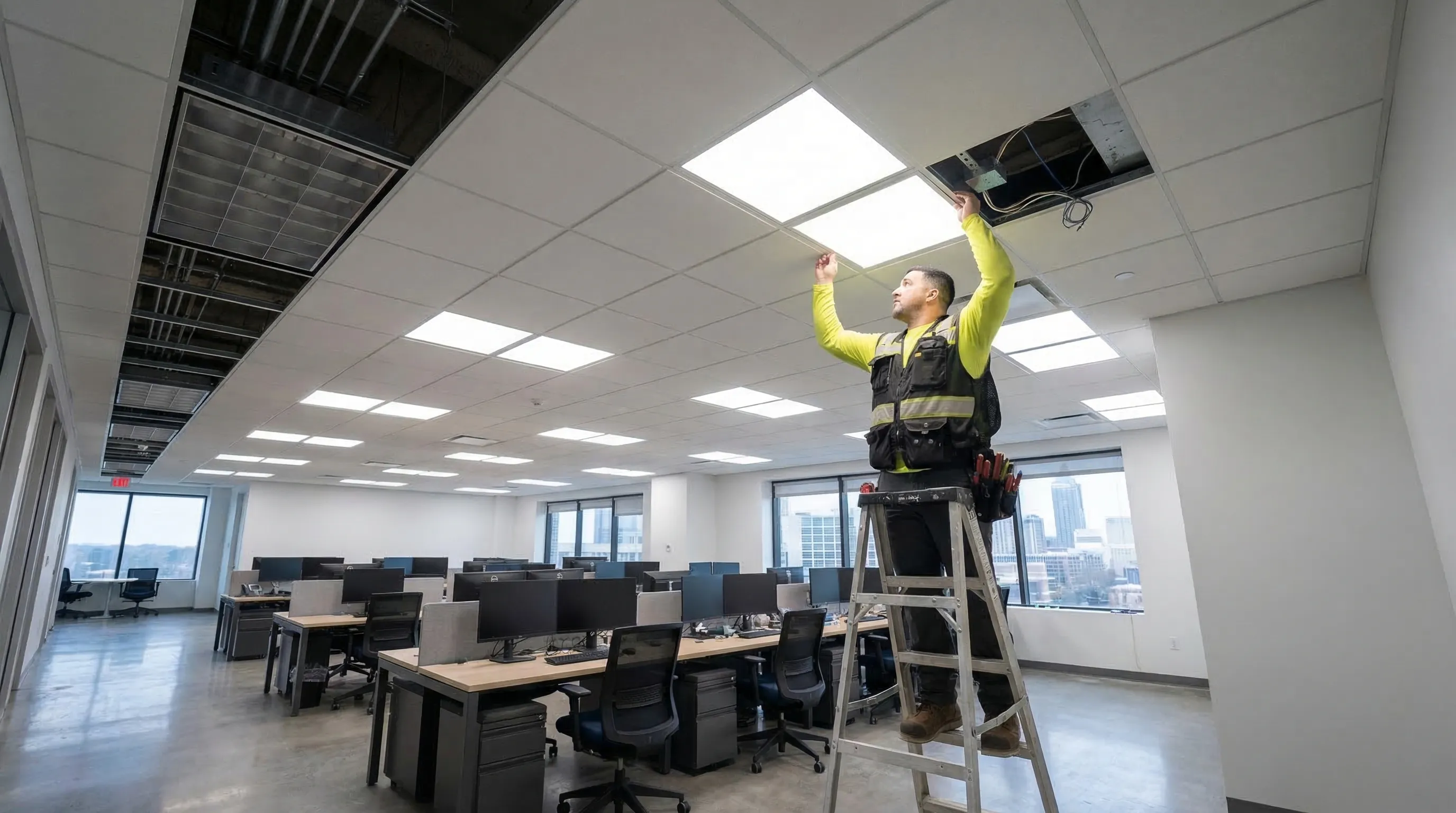 Commercial LED troffer lights installed in a modern office ceiling grid