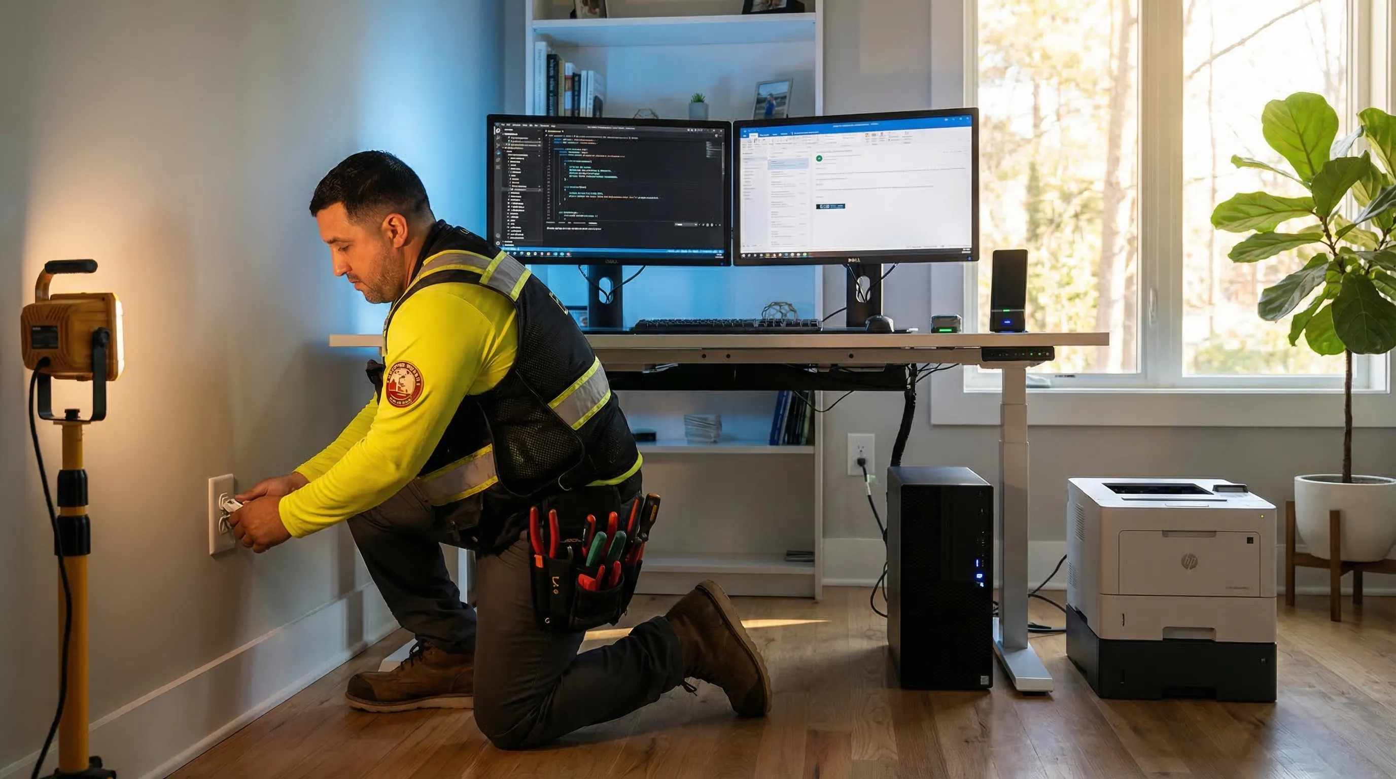 Home office with dedicated electrical circuits for computer equipment