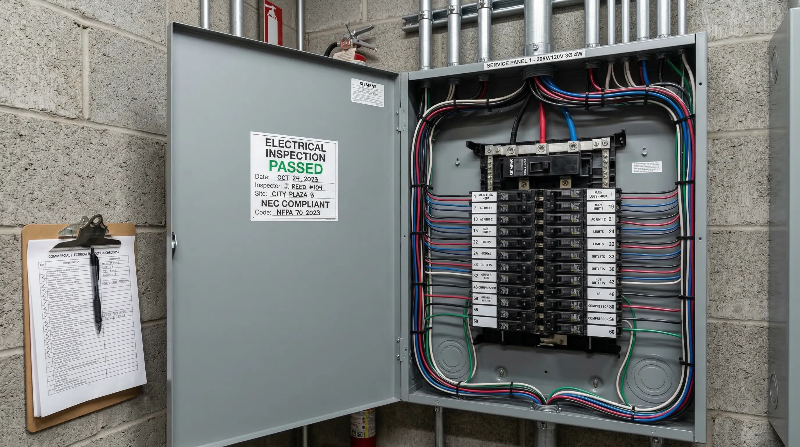Electrical inspector reviewing code compliance at a commercial property
