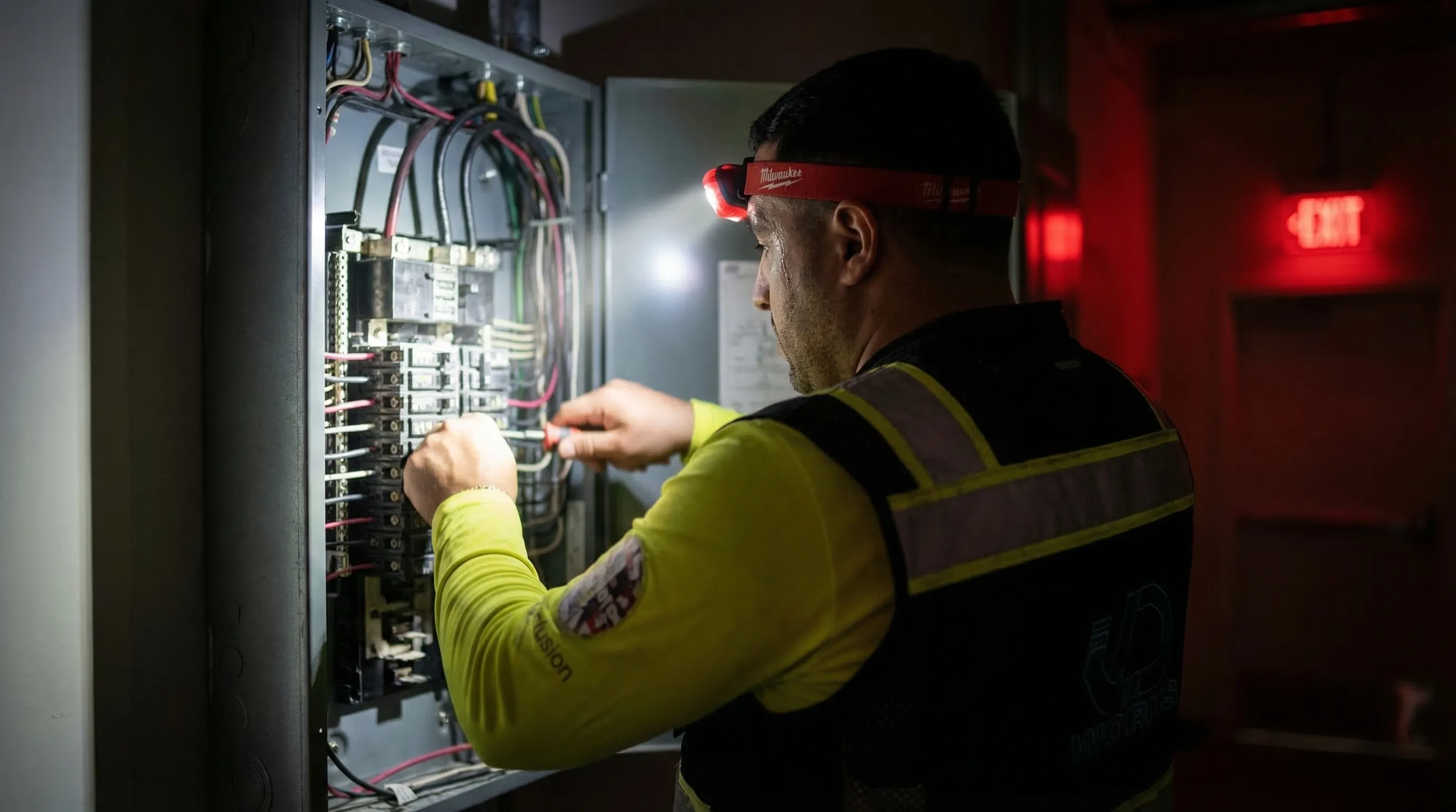Electrician performing emergency repair at a commercial electrical panel
