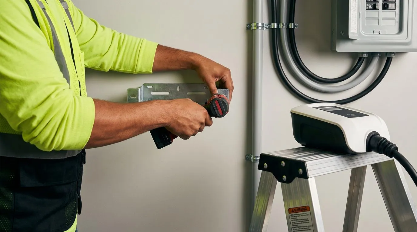 Electrician installing a Level 2 EV charger mounting bracket on a residential garage wall
