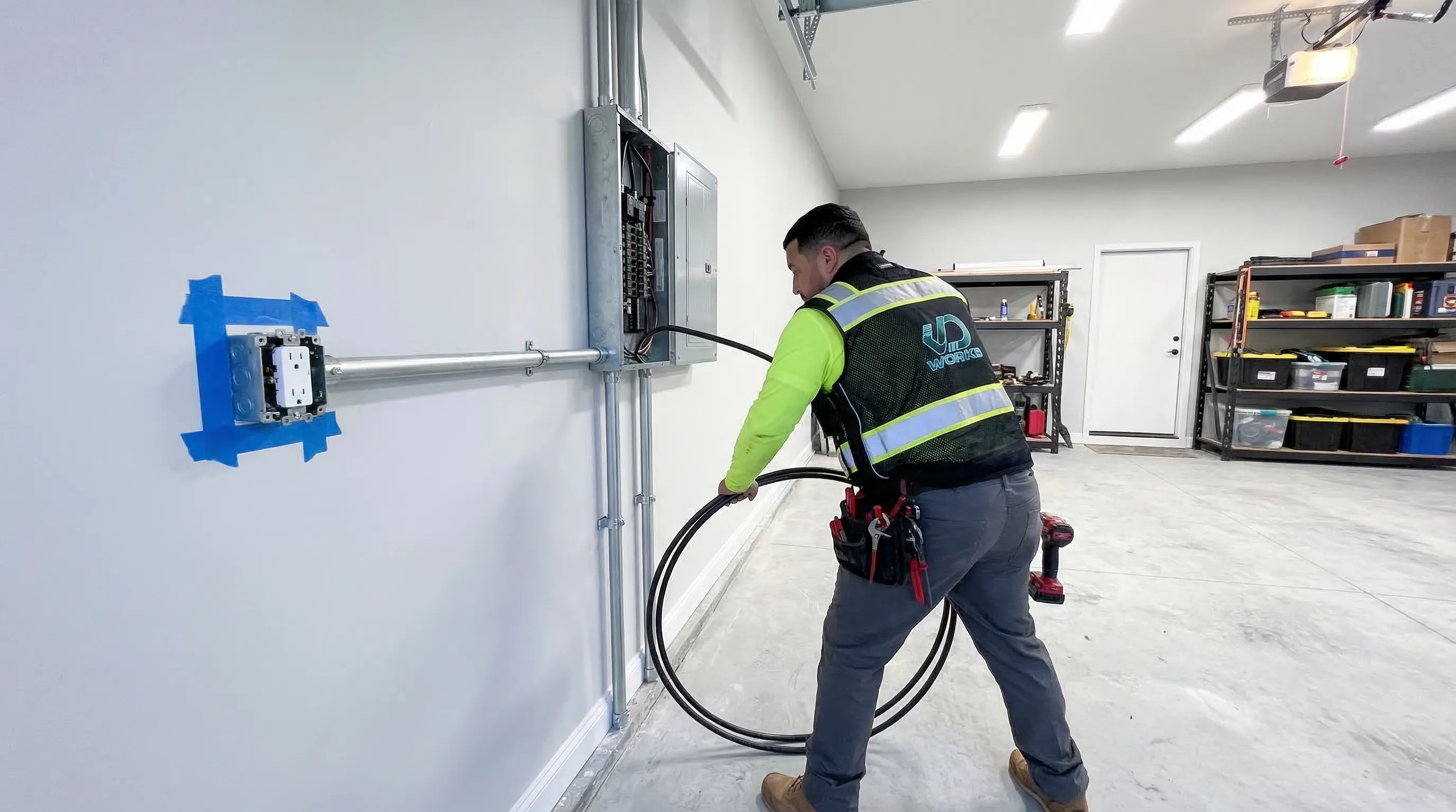 Residential garage with EV charging station and upgraded electrical panel