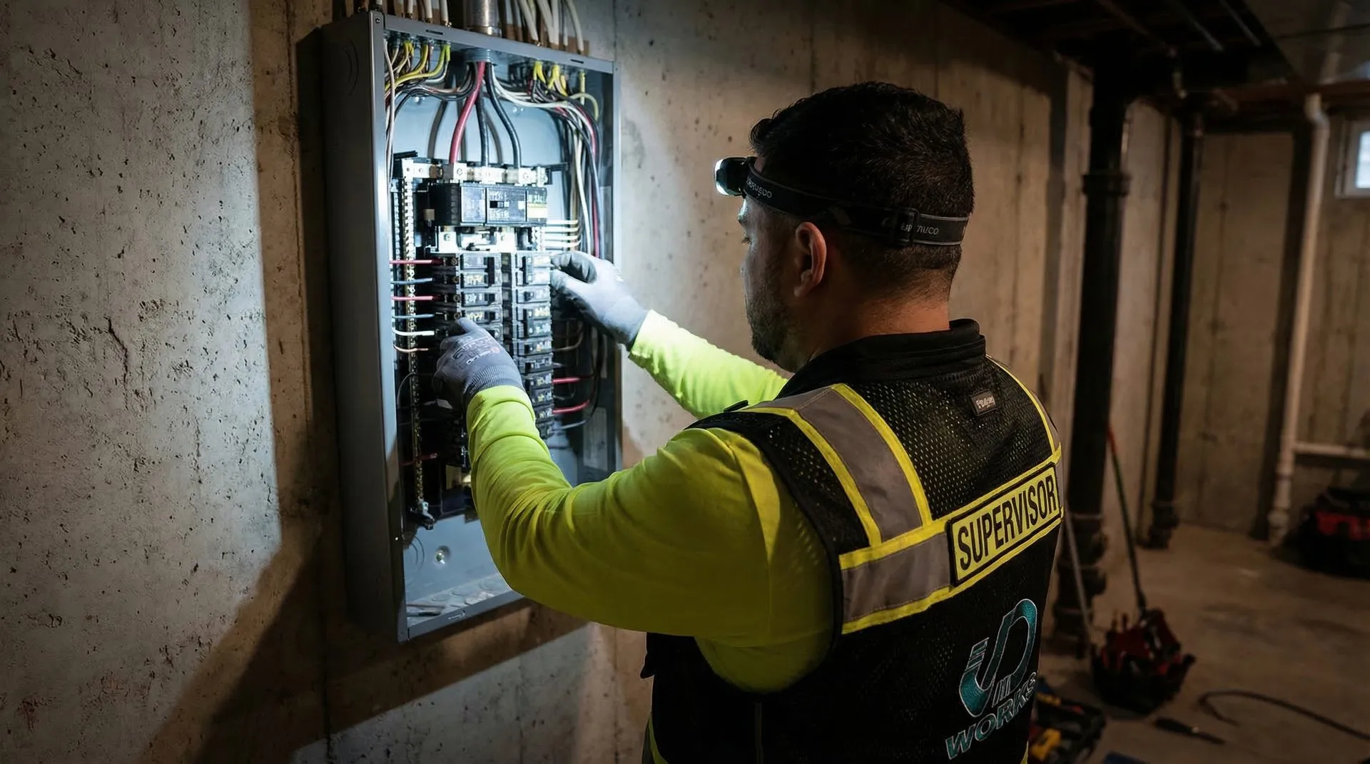 Electrician opening a residential electrical panel for a 200-amp upgrade inspection