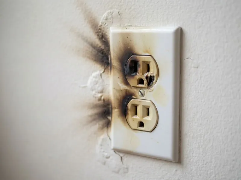 Scorched electrical outlet with burn marks showing heat damage and potential fire hazard