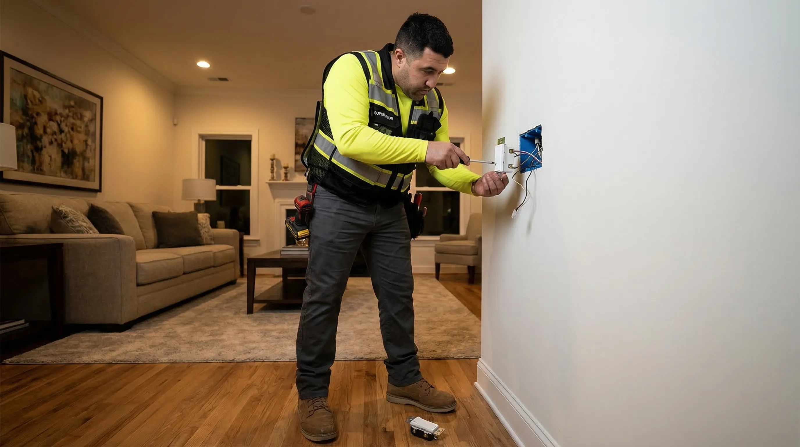 Smart dimmer switch installed in a residential wall box with LED indicator