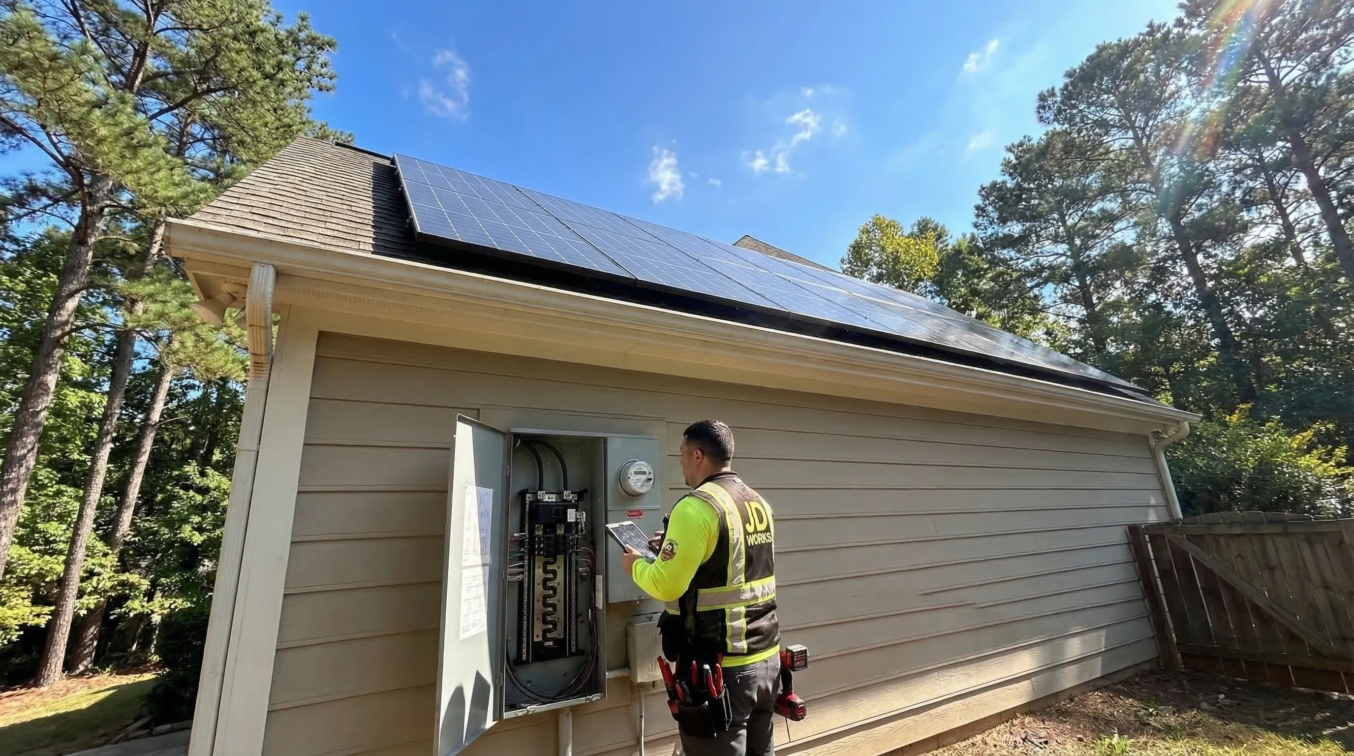 Residential rooftop solar panel array with electrical conduit running to the main panel