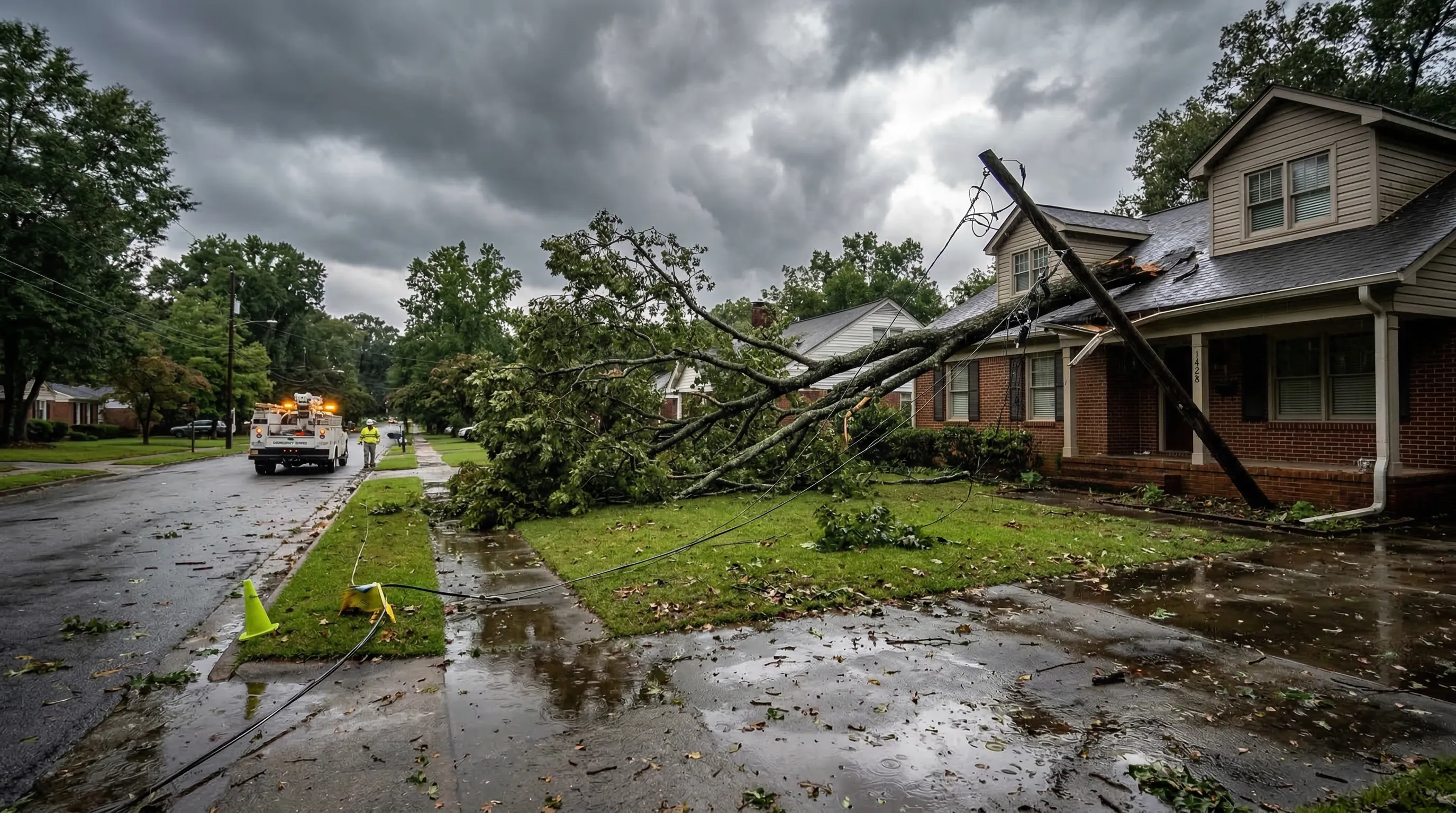 Storm damage to a residential electrical service entrance after an Atlanta storm