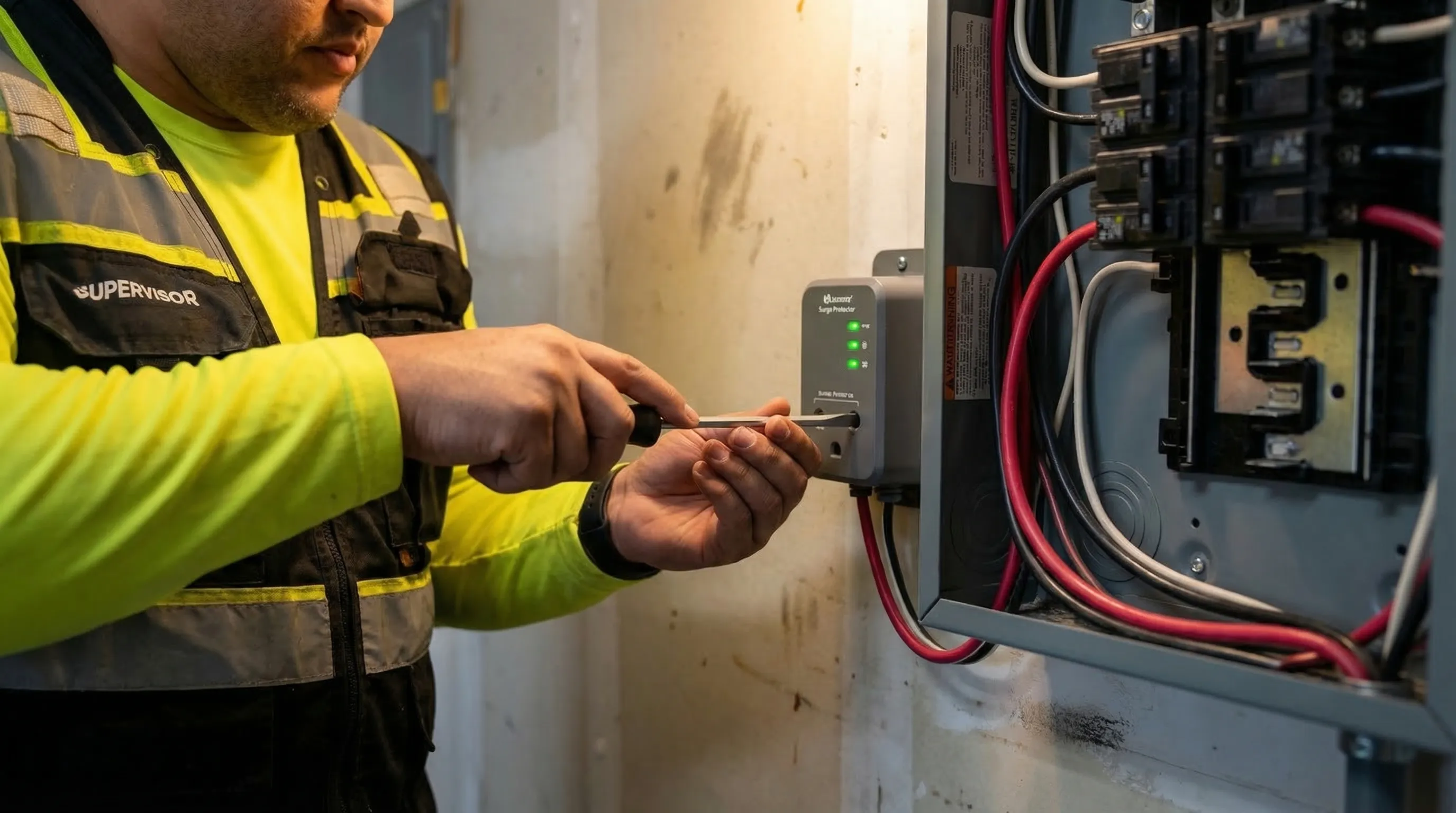 Whole-home surge protector installed at a residential electrical panel