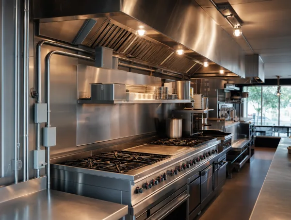 Commercial restaurant kitchen interior in Atlanta showing exhaust hood and dedicated equipment circuits