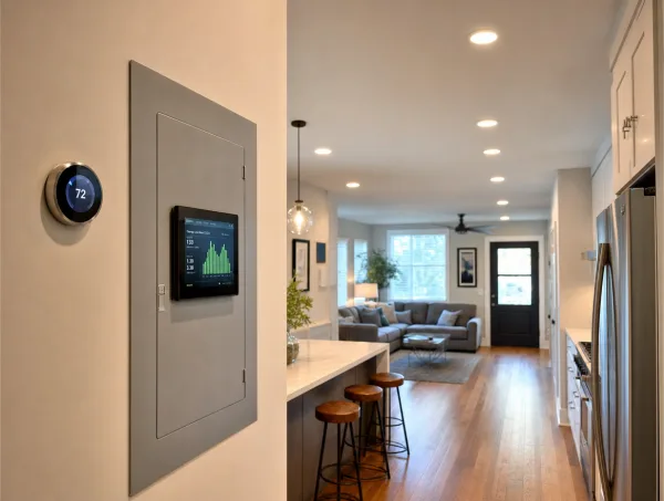 Energy-efficient LED recessed lighting and smart electrical panel in a modern Atlanta home