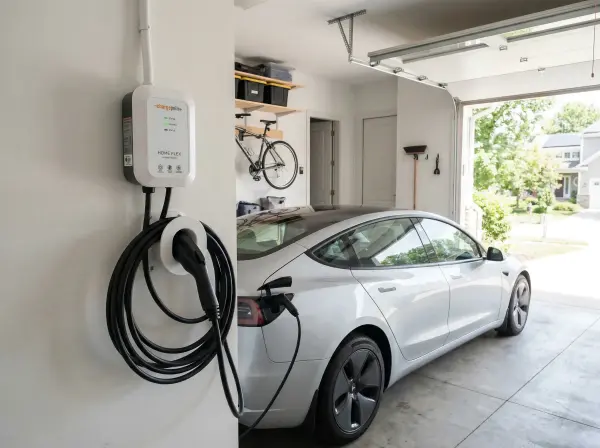 Level 2 EV charger mounted on garage wall with charging cable