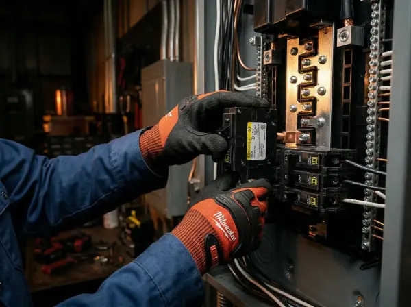 Electrician's hands installing a circuit breaker in an electrical panel