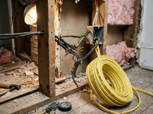 Old cloth-wrapped electrical wiring exposed during renovation