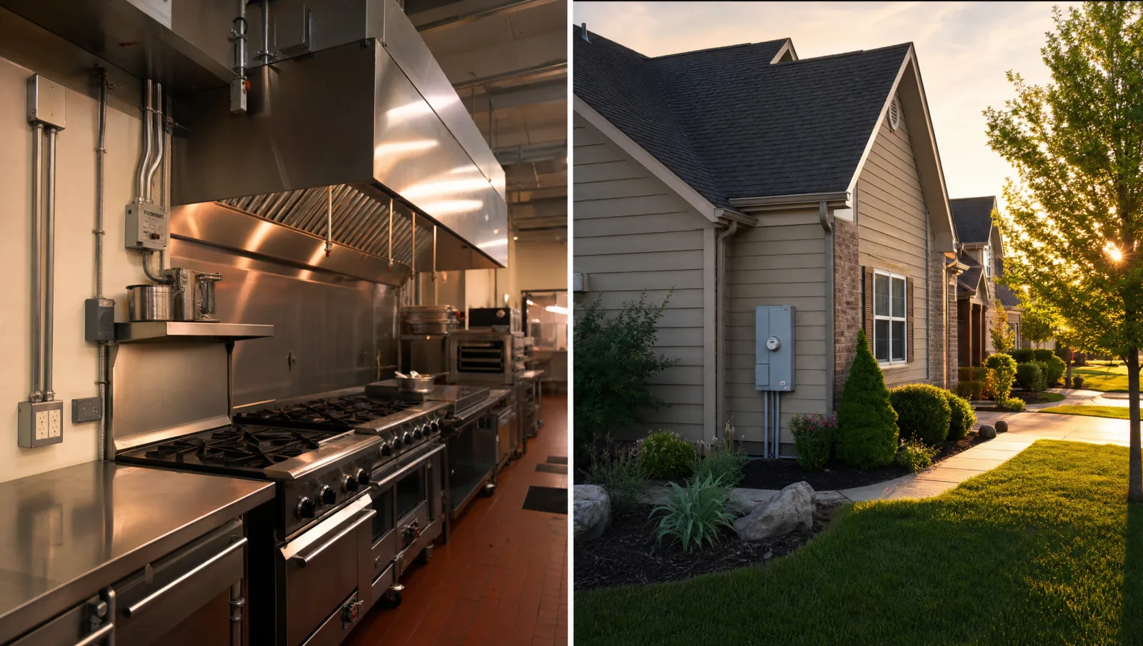 JD Works Electrical serves commercial and residential clients — split image showing a commercial restaurant kitchen and a residential metro Atlanta home
