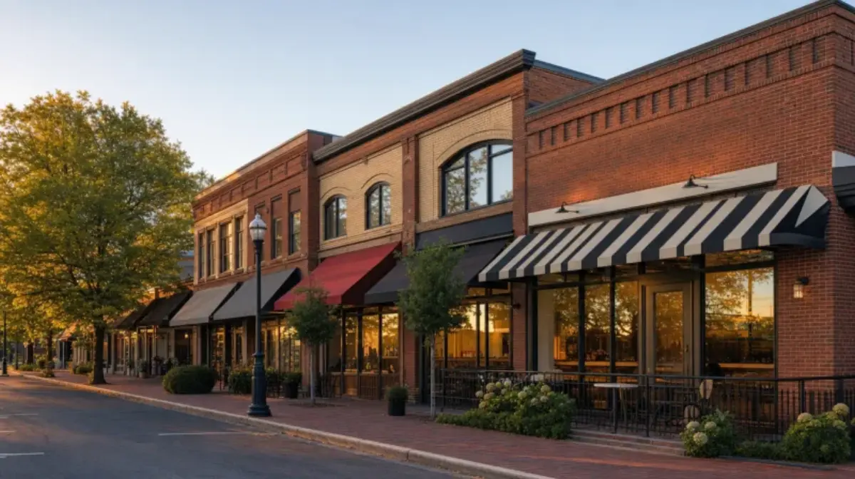 Commercial storefront strip near the historic town square in Fayetteville, GA served by JD Works Electrical