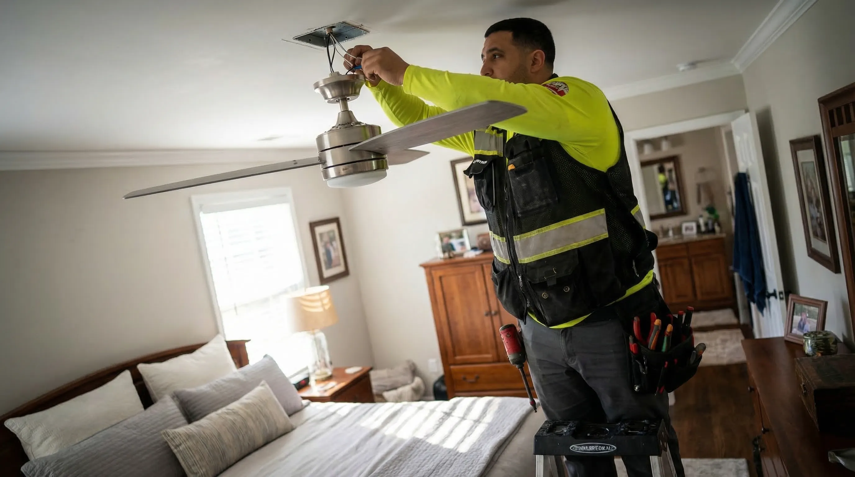 Electrician installing a ceiling fan with light kit in a bedroom