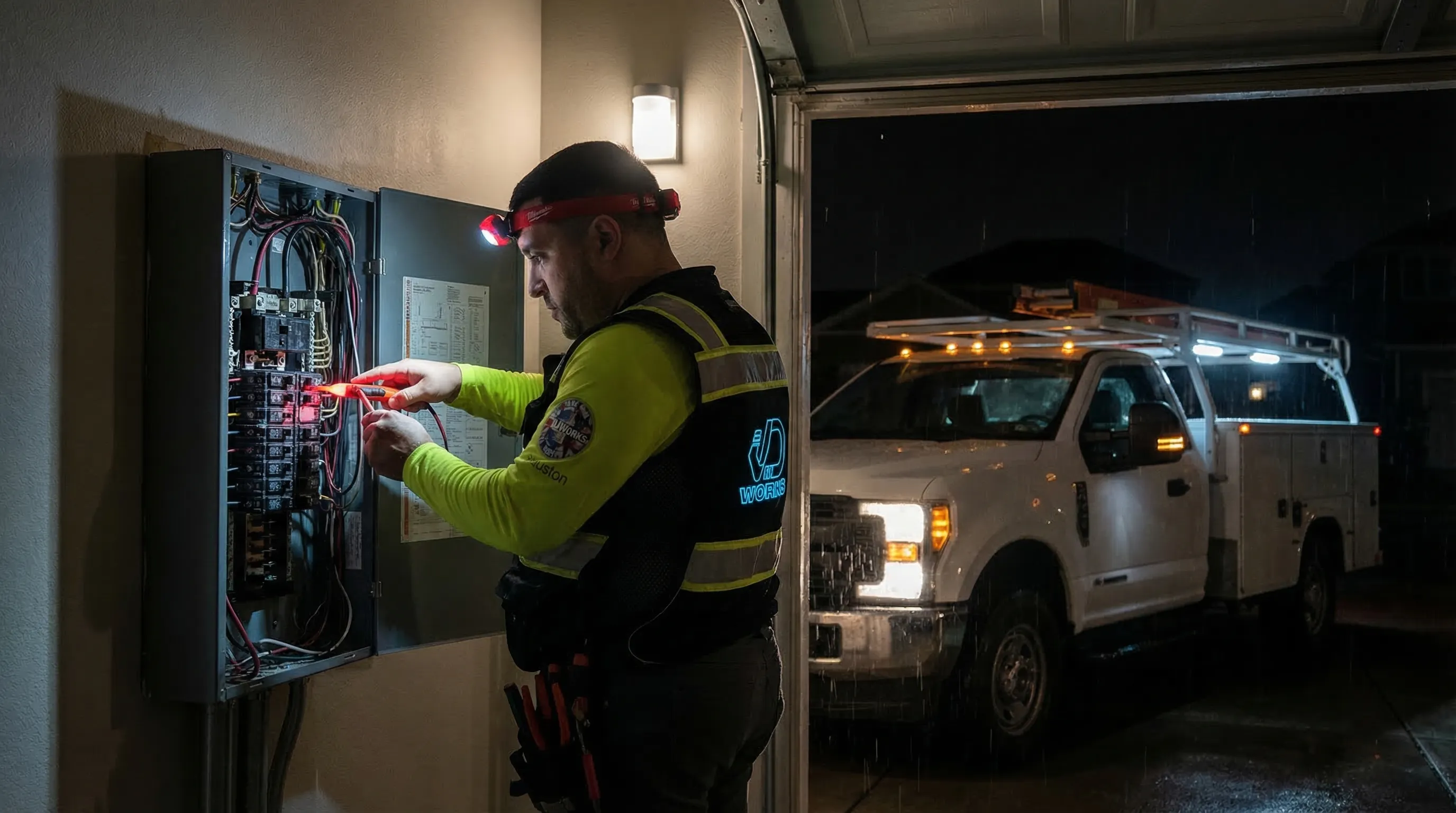 Electrician performing emergency electrical repair at night