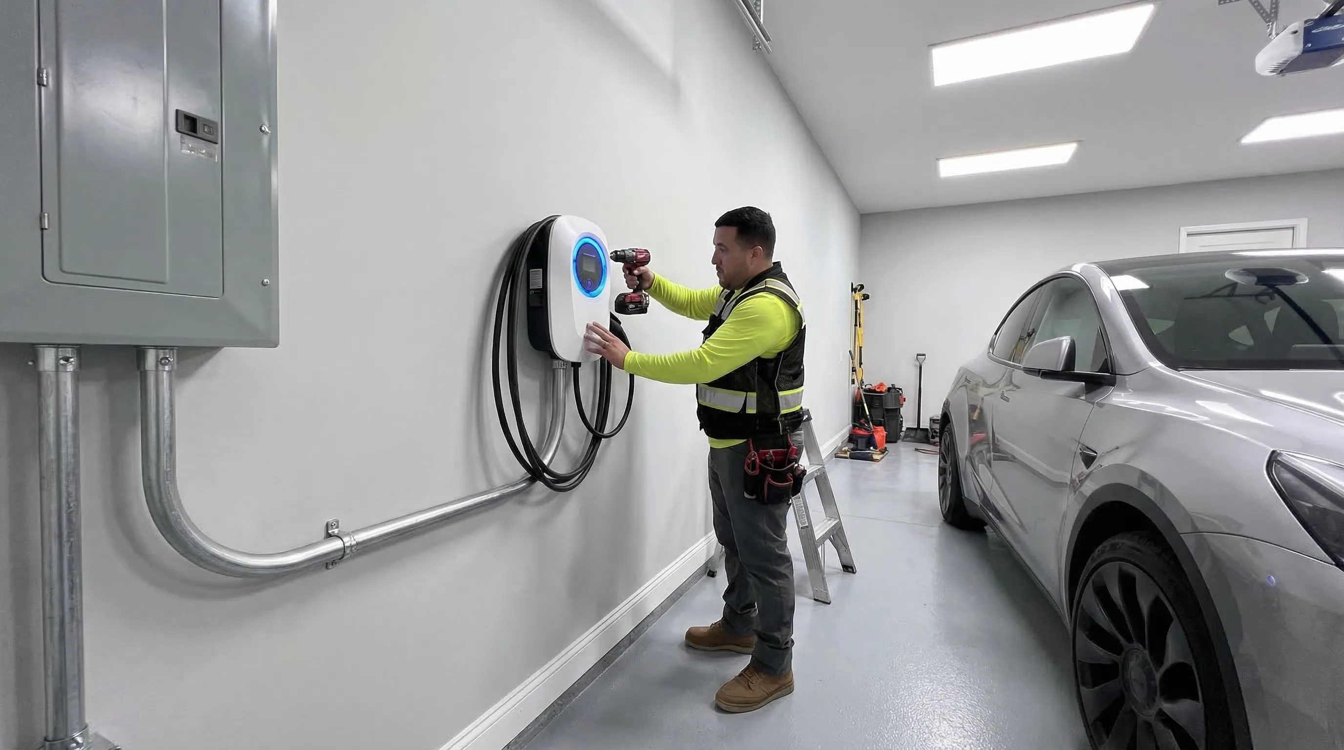 Level 2 EV charger mounted on a garage wall next to a parked electric vehicle