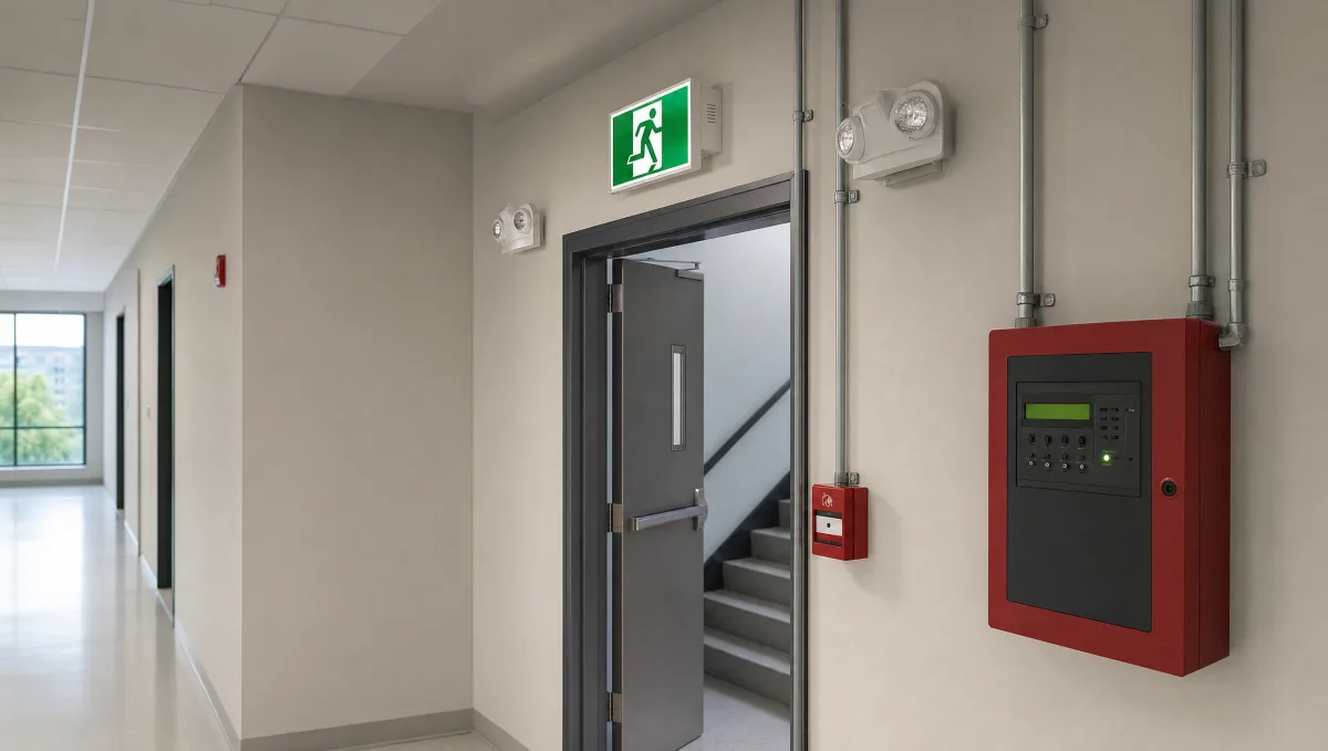 Commercial corridor with illuminated exit egress sign, emergency lighting, and fire alarm equipment