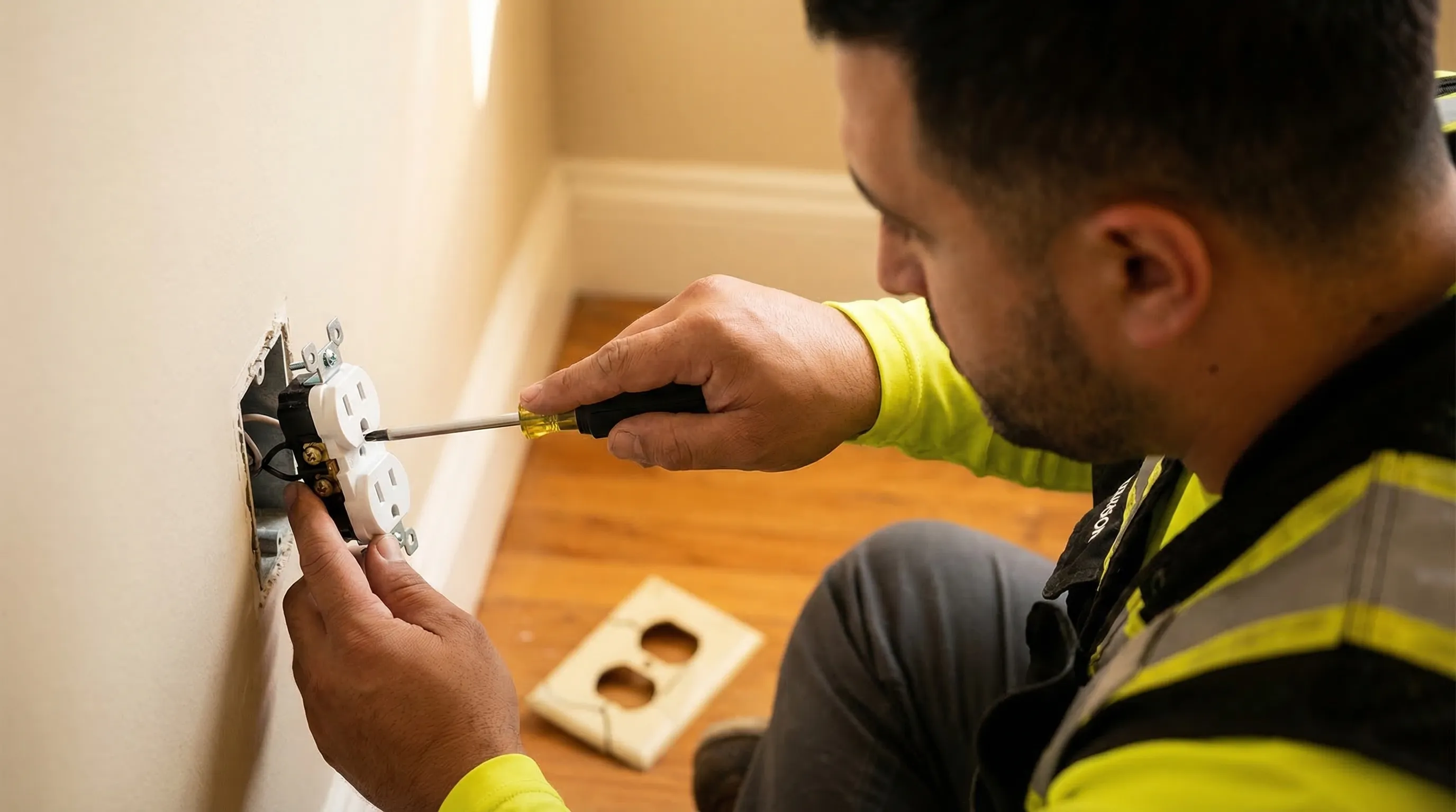 New electrical outlets and light switches installed in a renovated room