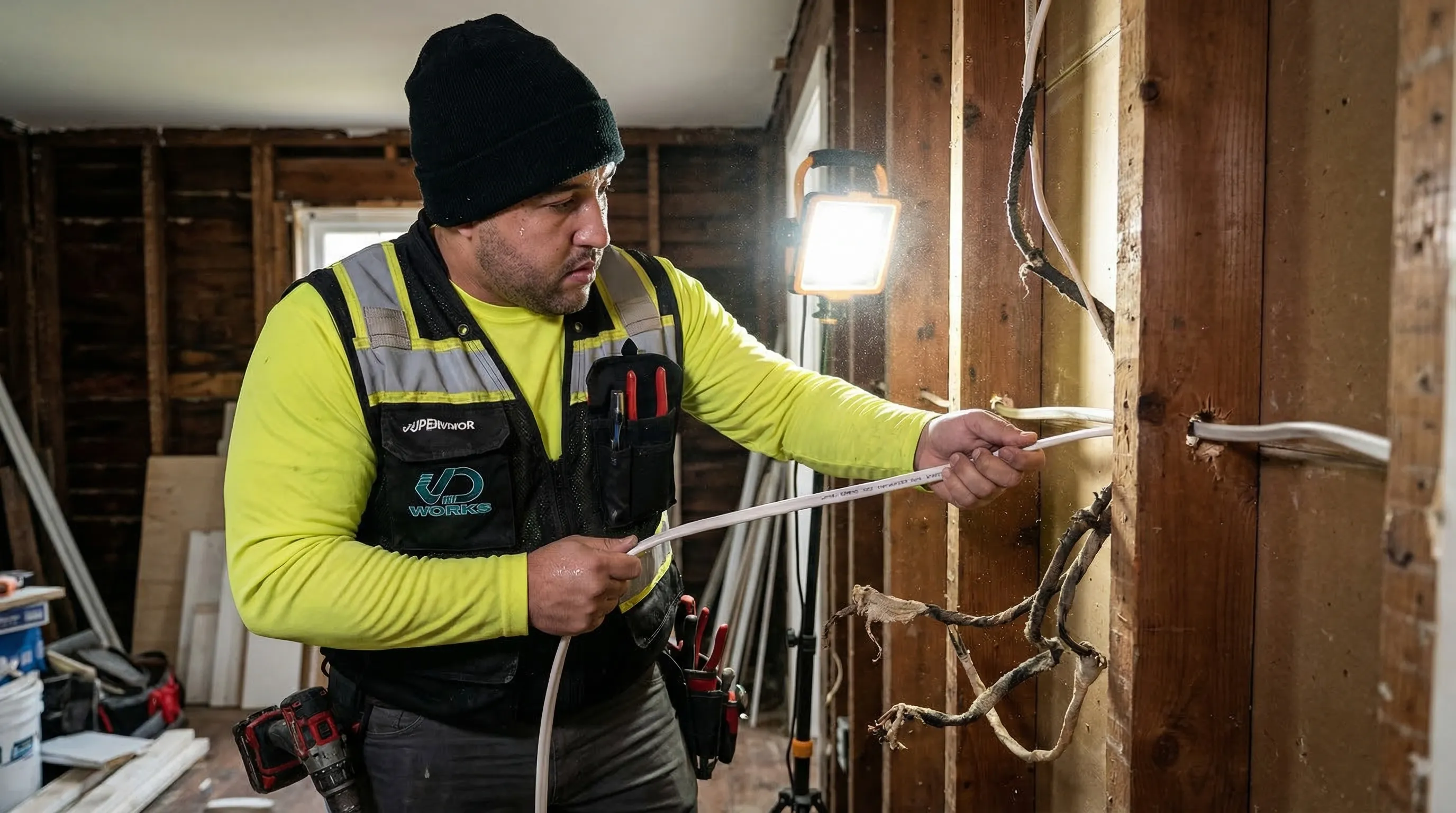 Electrician rewiring a home with new Romex cable through wall studs