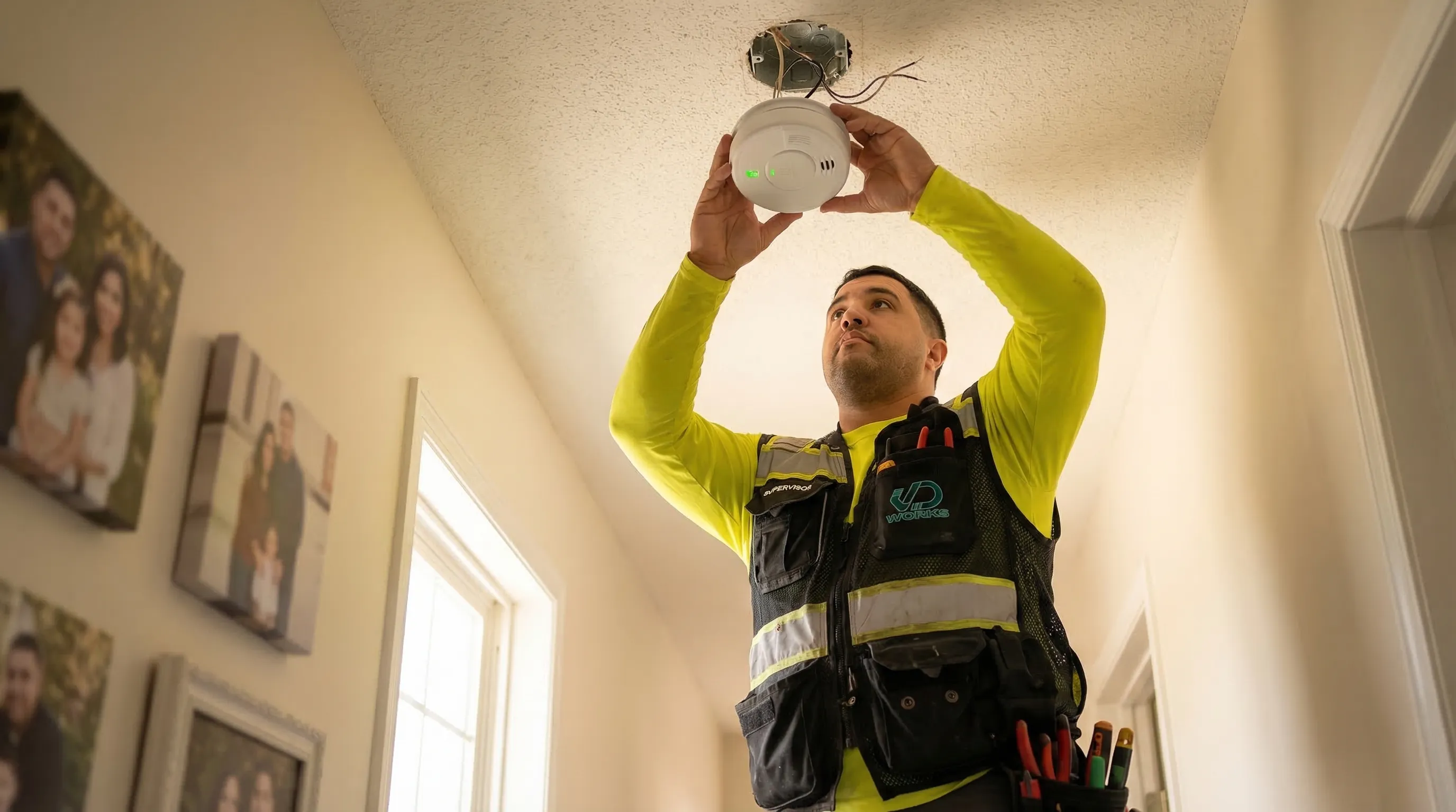 Hardwired smoke and carbon monoxide detector mounted on a ceiling